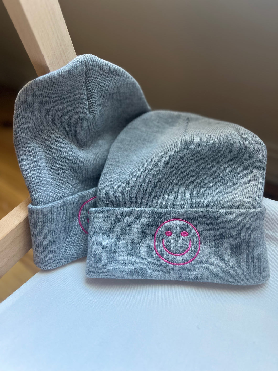 Embroidered Gray Smiley Beanies